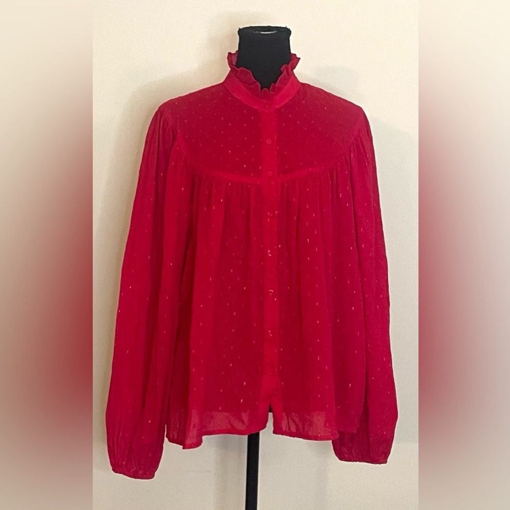 Chaps Red Metallic Gold Clip Dot Ruffle Neck Balloon Sleeve Blouse XL - Picture 2 of 8
